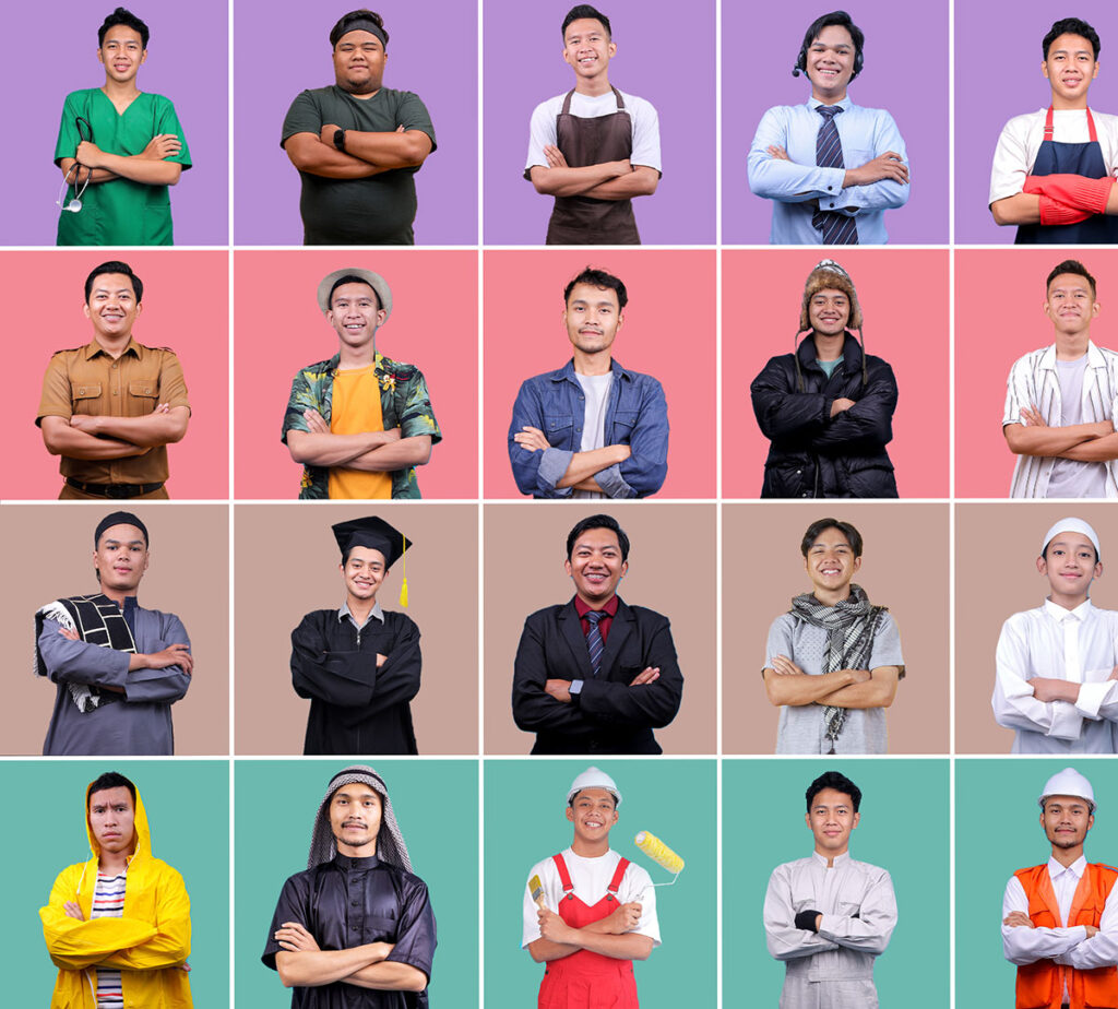 Graphic with many people each with a different job role as can be seen from their clothes, e.g. fireman