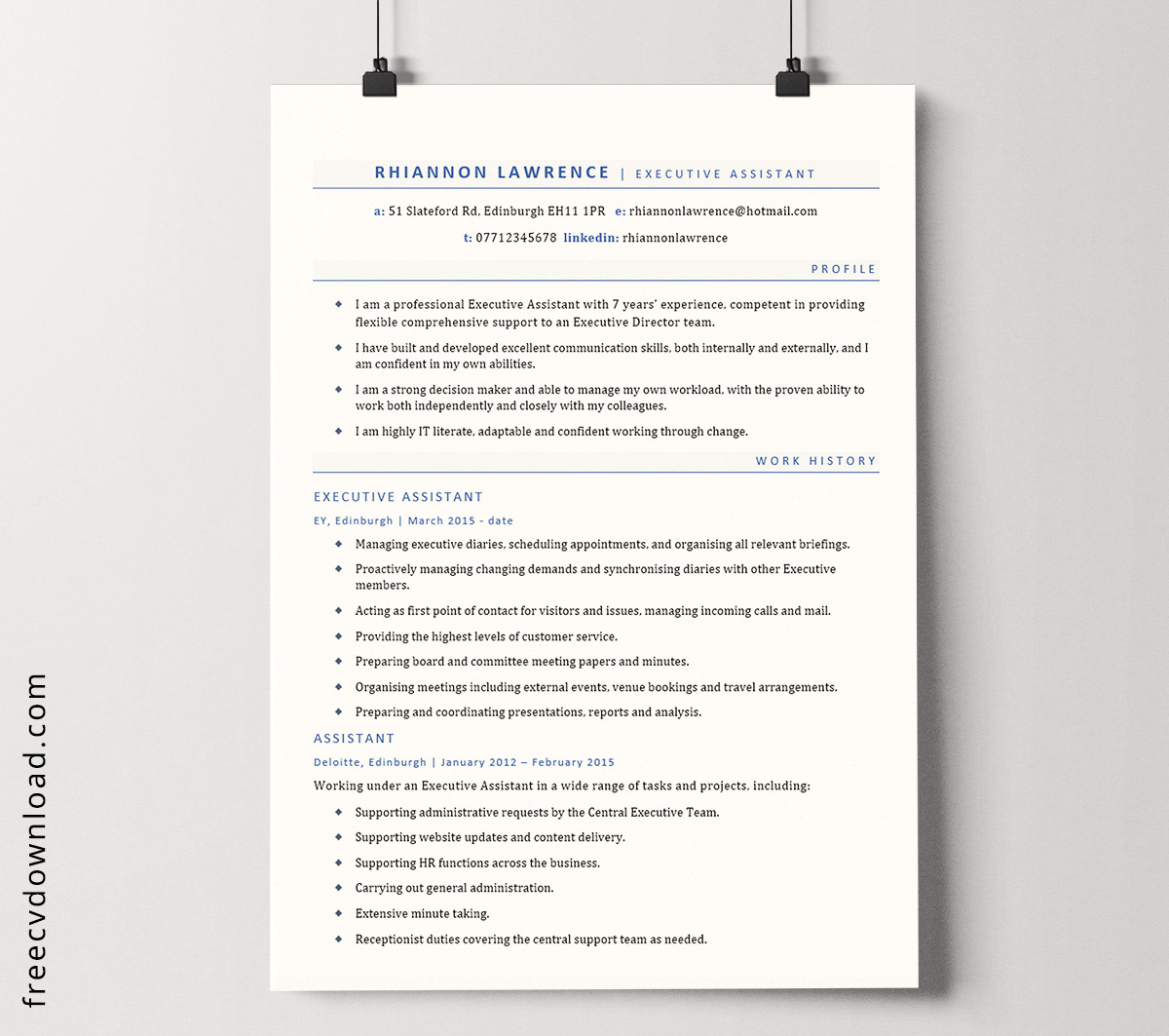 Free Executive Assistant simple CV template in Microsoft Word
