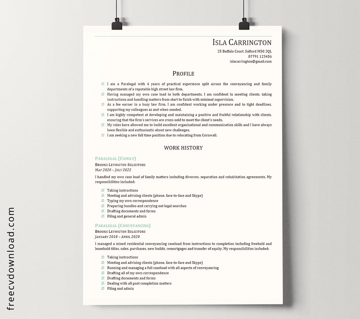 Free paralegal CV template to edit in Microsoft Word
