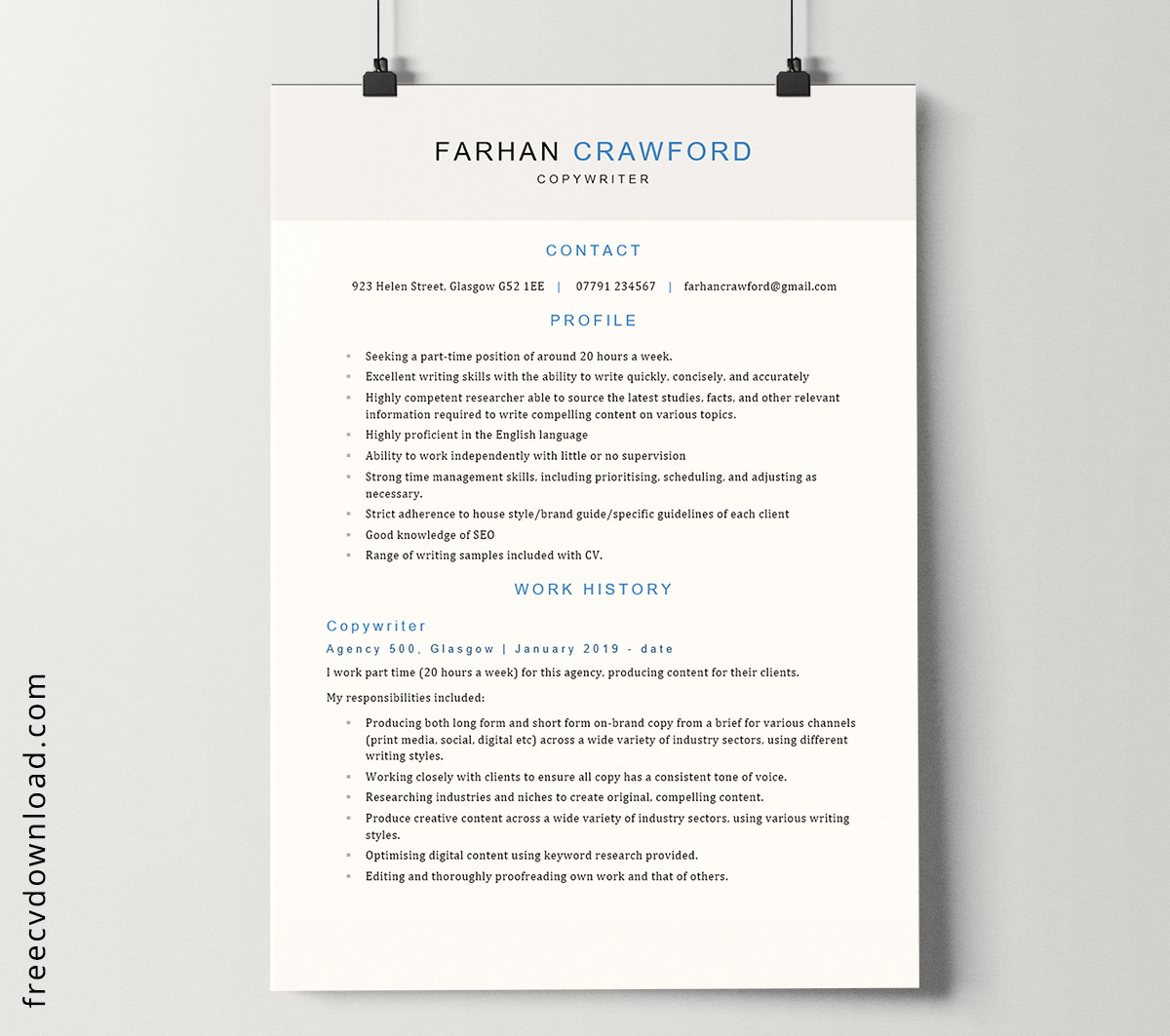 Free copywriter CV template