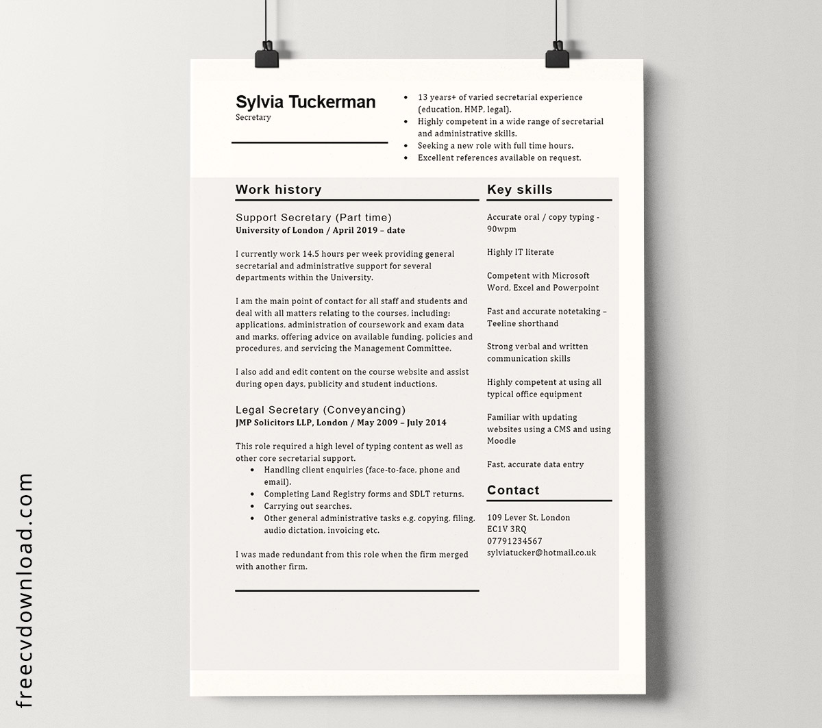 Free Secretary CV template to edit in Microsoft Word