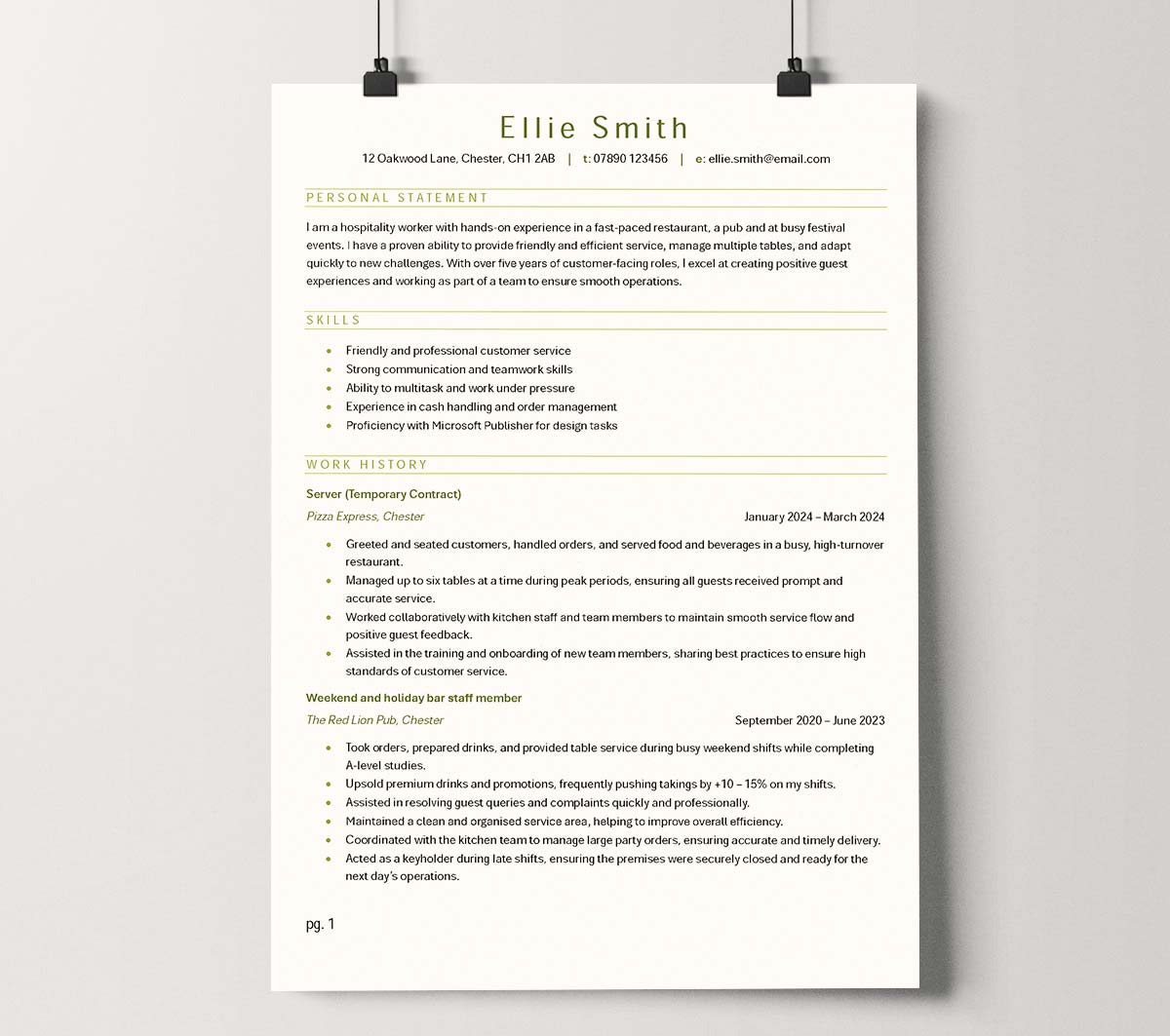 Waitress CV template with example content