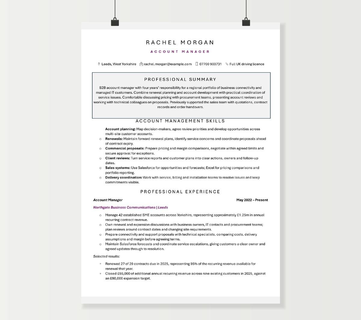 Rachel Morgan’s account manager CV in the purple Word design, showing account skills, client portfolio and renewal results