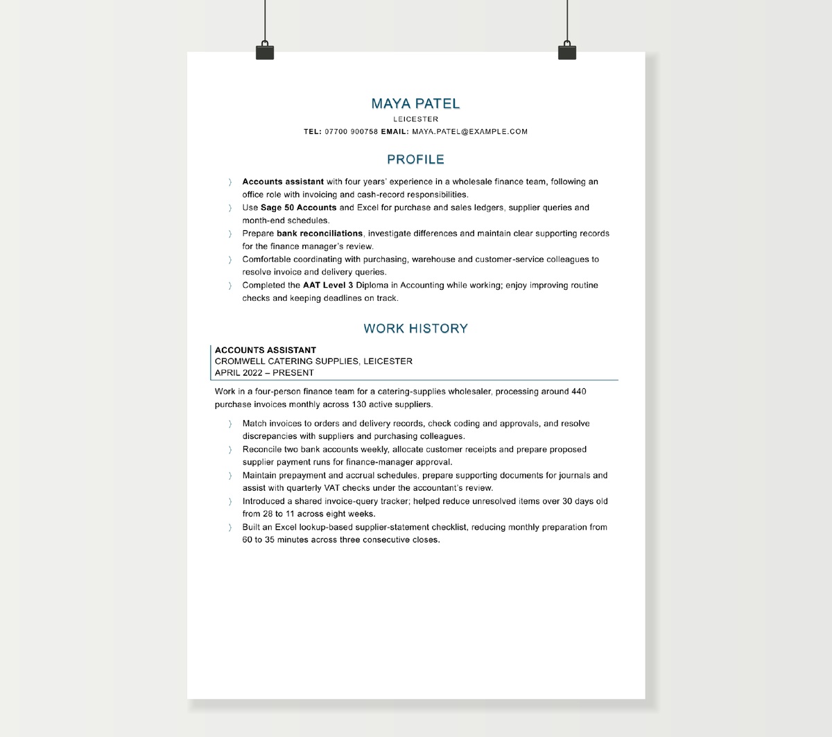 Maya Patel’s accounts assistant CV, showing ledger, reconciliation and finance-team experience in the blue Word design