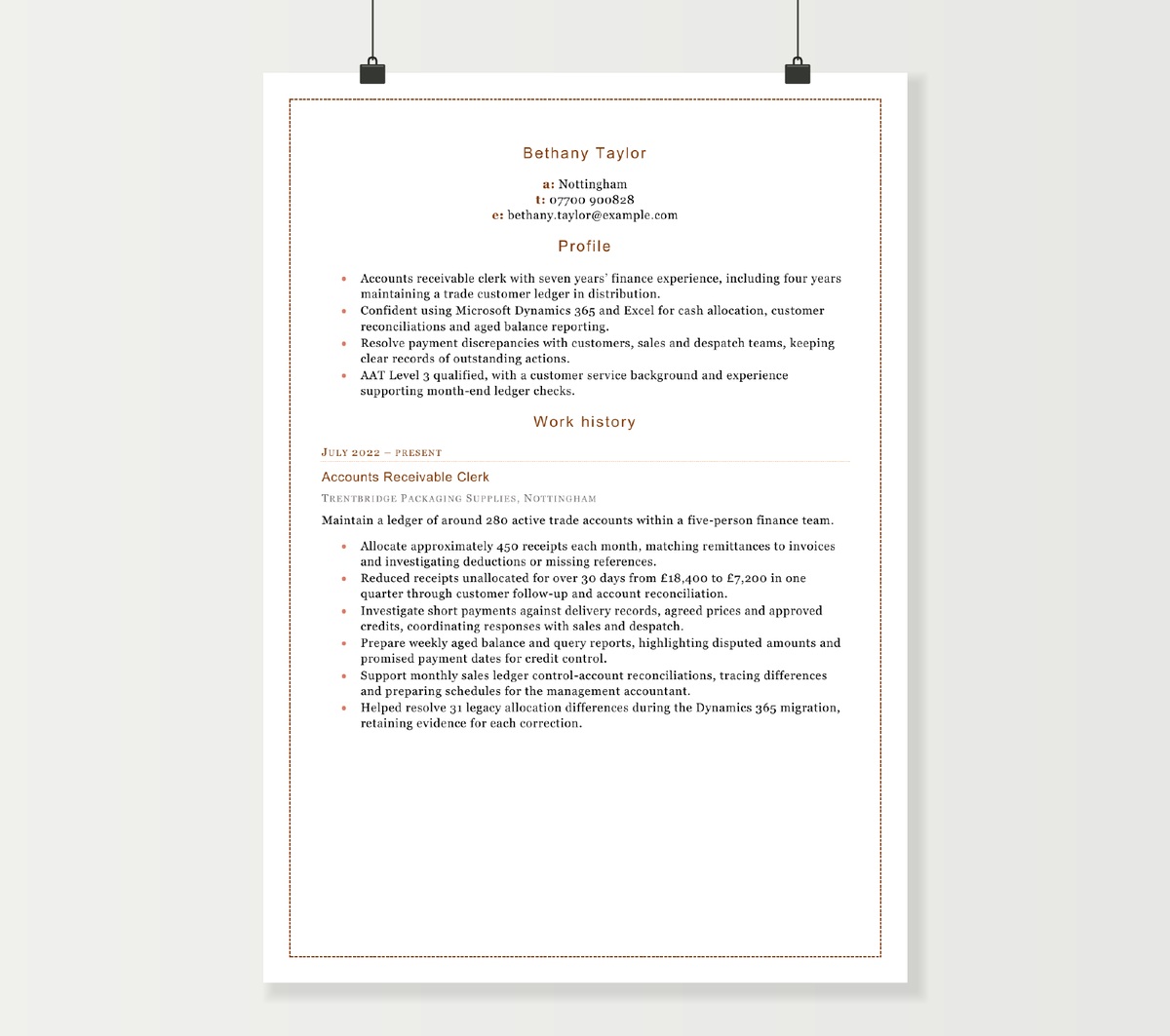 Accounts receivable clerk CV preview showing Bethany Taylor’s profile and sales ledger experience