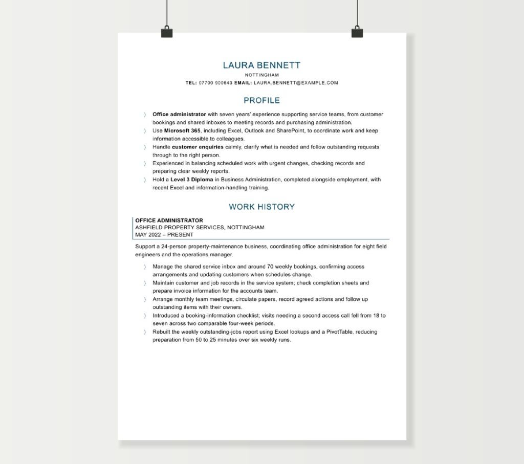 Laura Bennett’s administrator CV with blue headings, showing office systems, booking coordination and service improvements