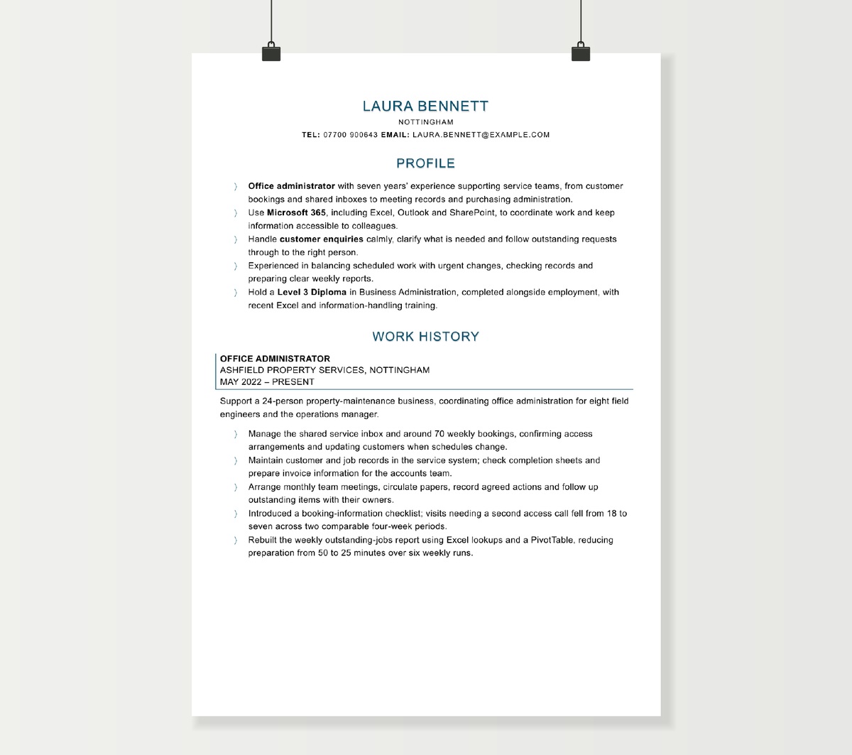 Laura Bennett’s administrator CV with blue headings, showing office systems, booking coordination and service improvements