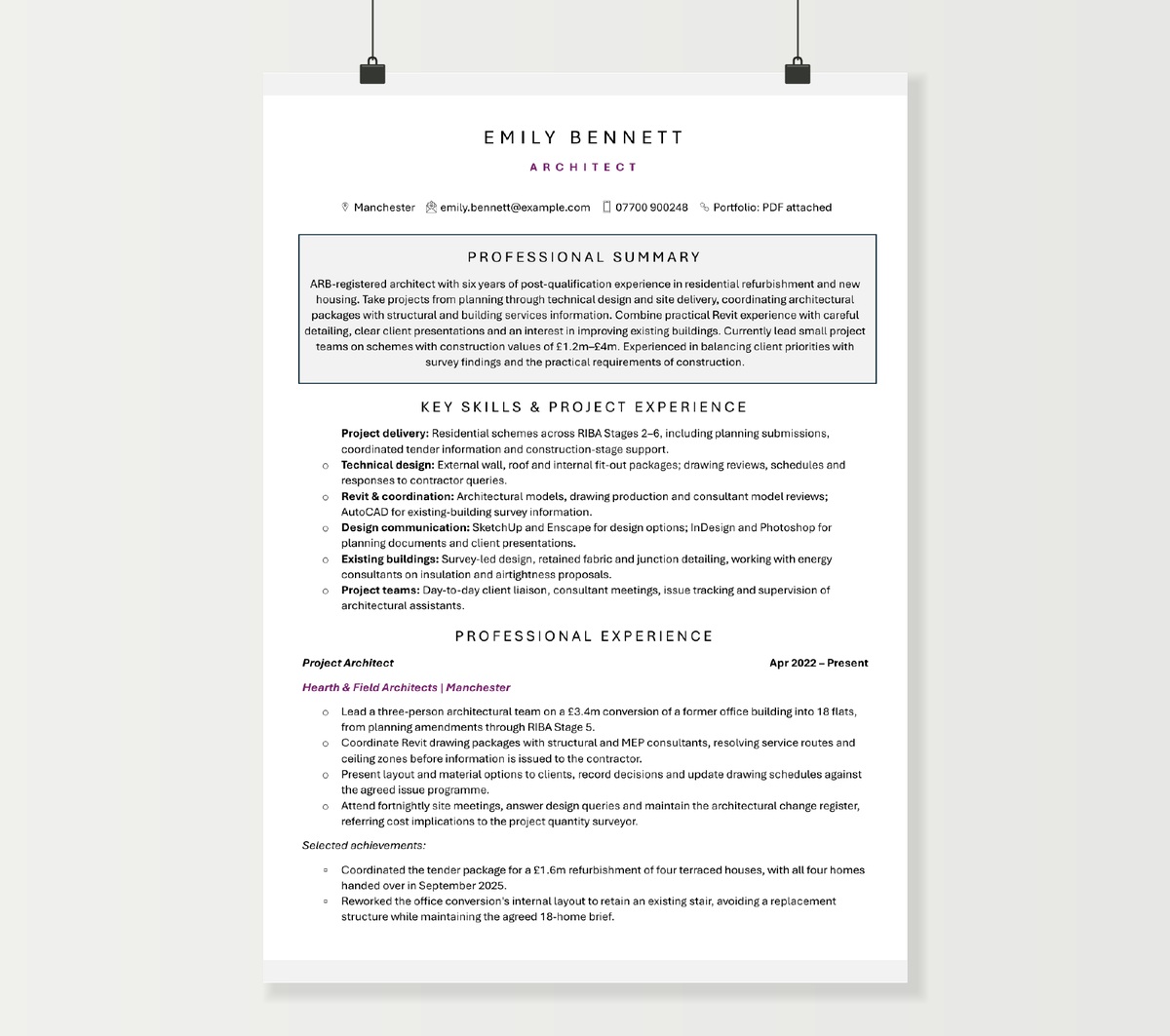 Architect CV template preview showing page one of the finished Word example