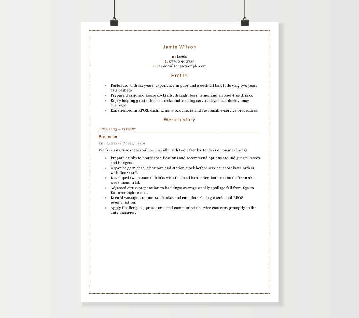 First page of Jamie Wilson’s bartender CV, showing pub and cocktail-bar experience in the original bordered design