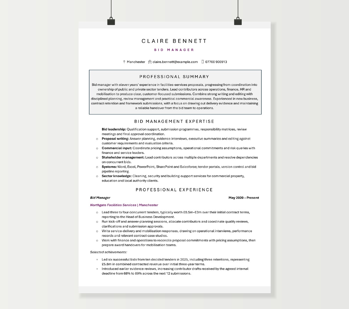 Two-page bid manager CV with Claire Bennett’s tender experience, achievements and qualifications