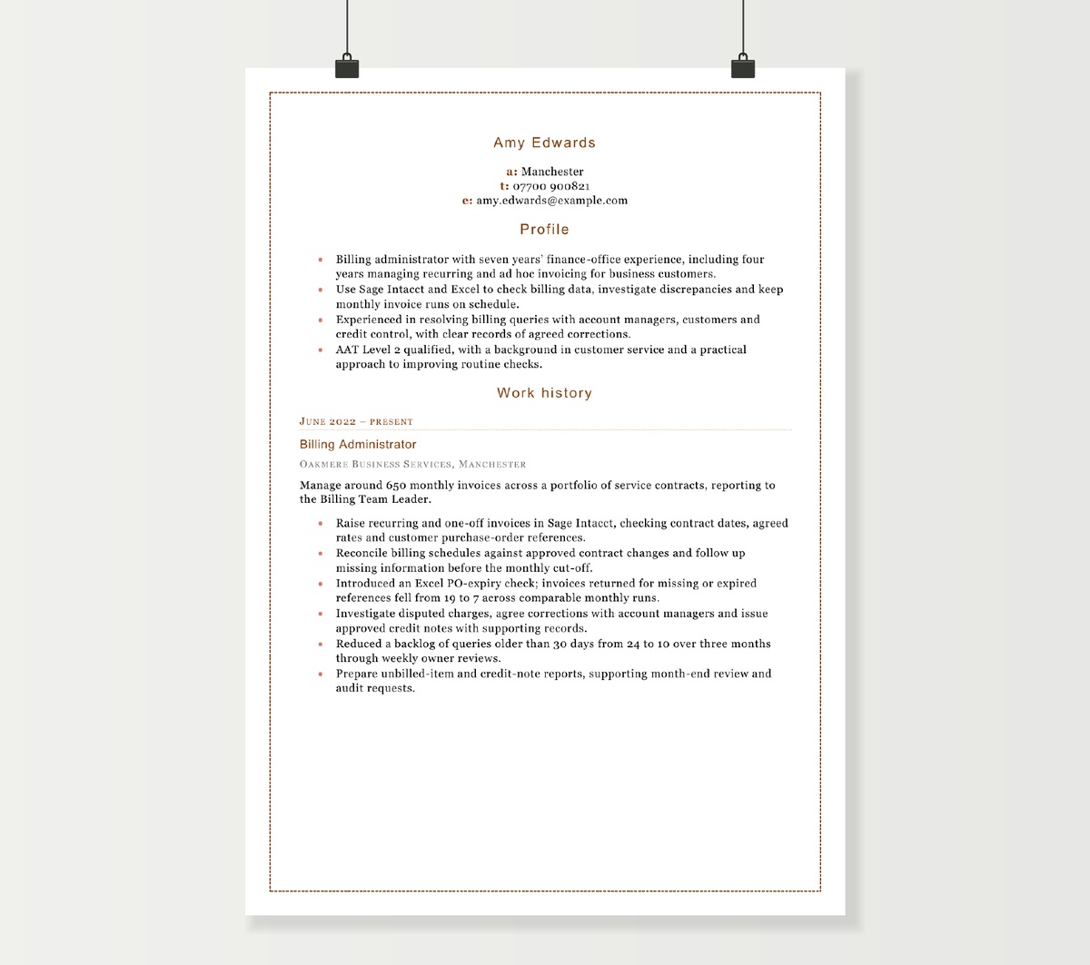 Billing administrator CV preview showing Amy Edwards’s profile and billing experience in the original brown bordered Word design
