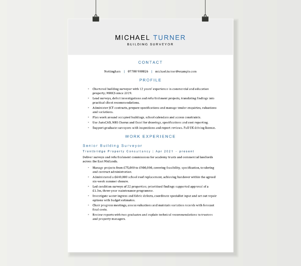 First page of Michael Turner’s building surveyor CV, with a grey name panel, blue headings and surveying experience