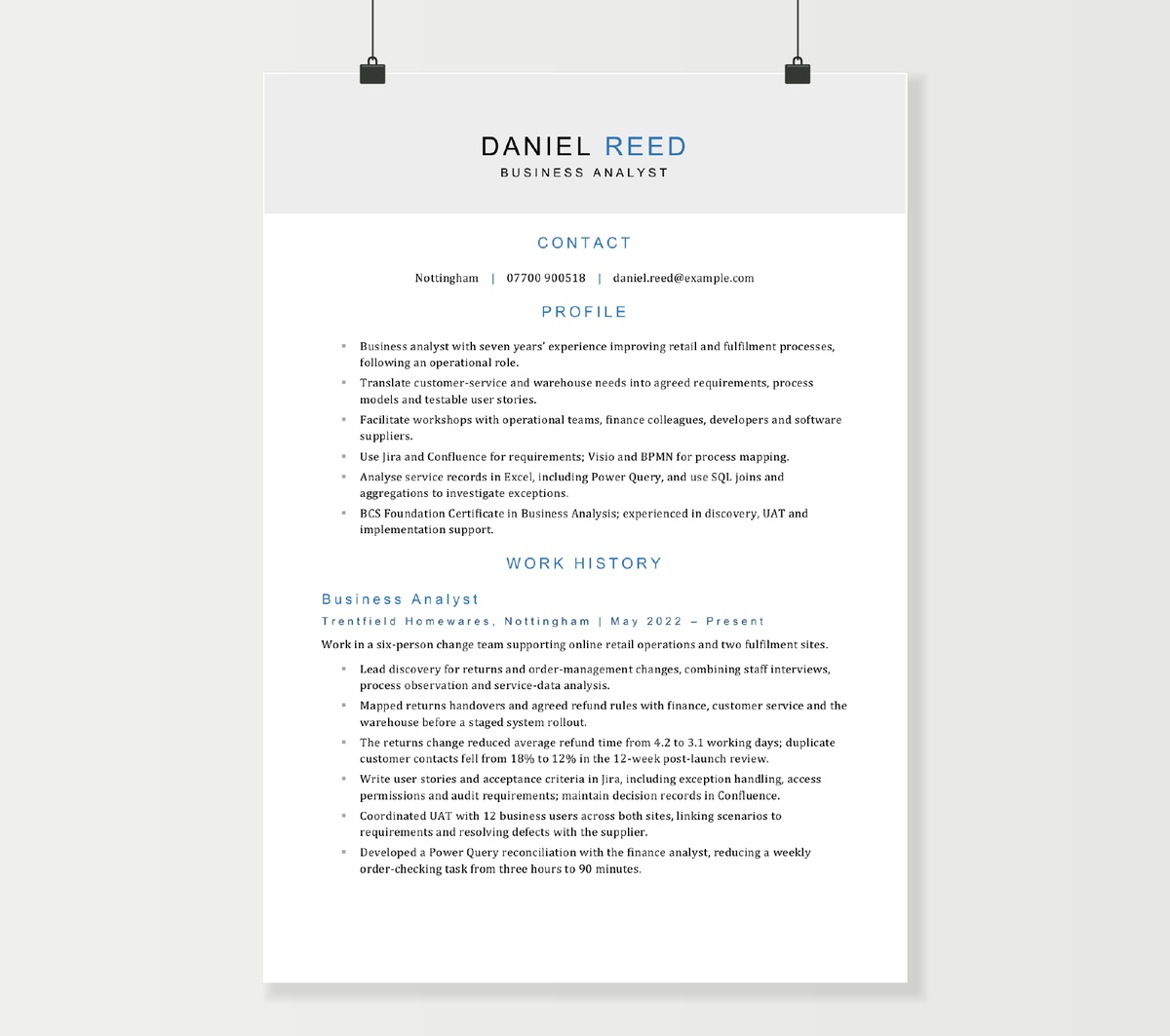 Business analyst CV showing Daniel Reed’s profile, analysis skills and retail change experience in a blue and grey Word design
