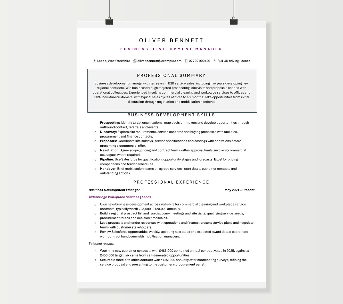 First page of Oliver Bennett’s business development manager CV, showing a purple-accent heading, sales skills and contract wins
