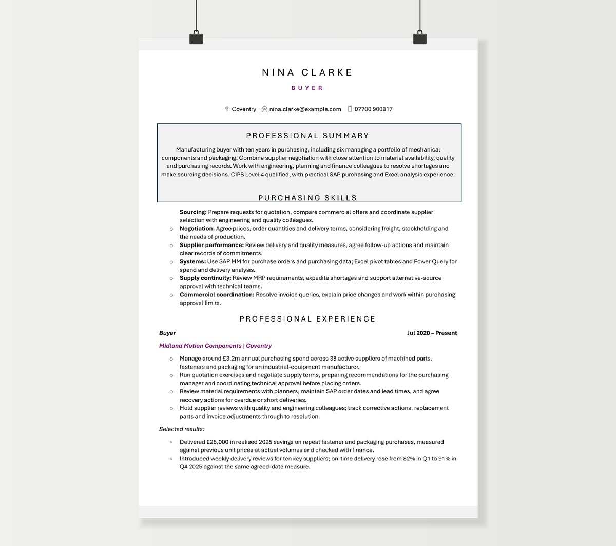 Buyer CV preview showing Nina Clarke’s purchasing skills and manufacturing experience