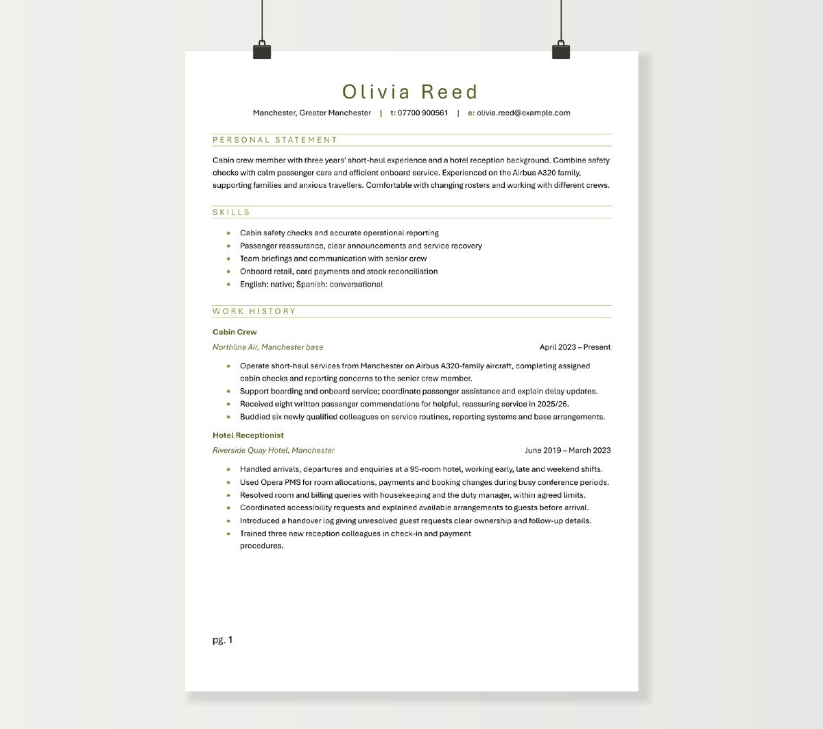 First page of Olivia Reed’s cabin crew CV, showing aviation and hotel experience with green headings and rules