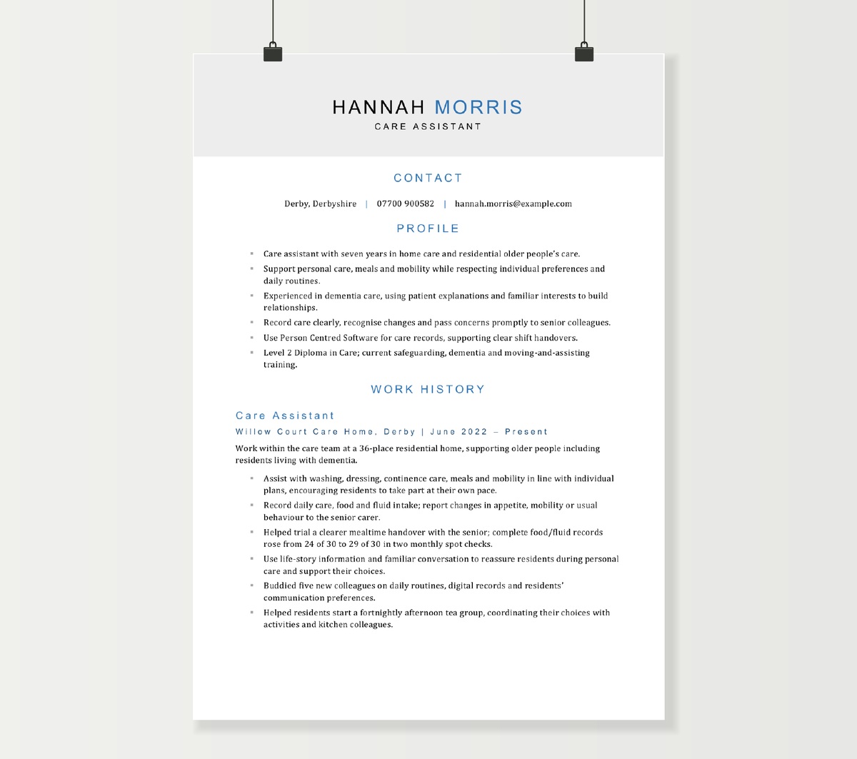 Hannah Morris’s care assistant CV, showing residential care experience beneath a grey name banner and blue headings