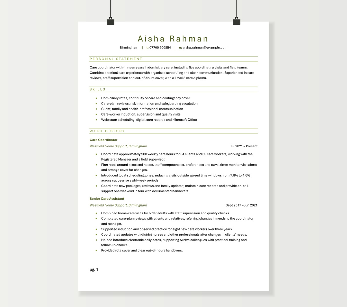 Care coordinator CV preview showing Aisha Rahman’s domiciliary care experience and qualifications