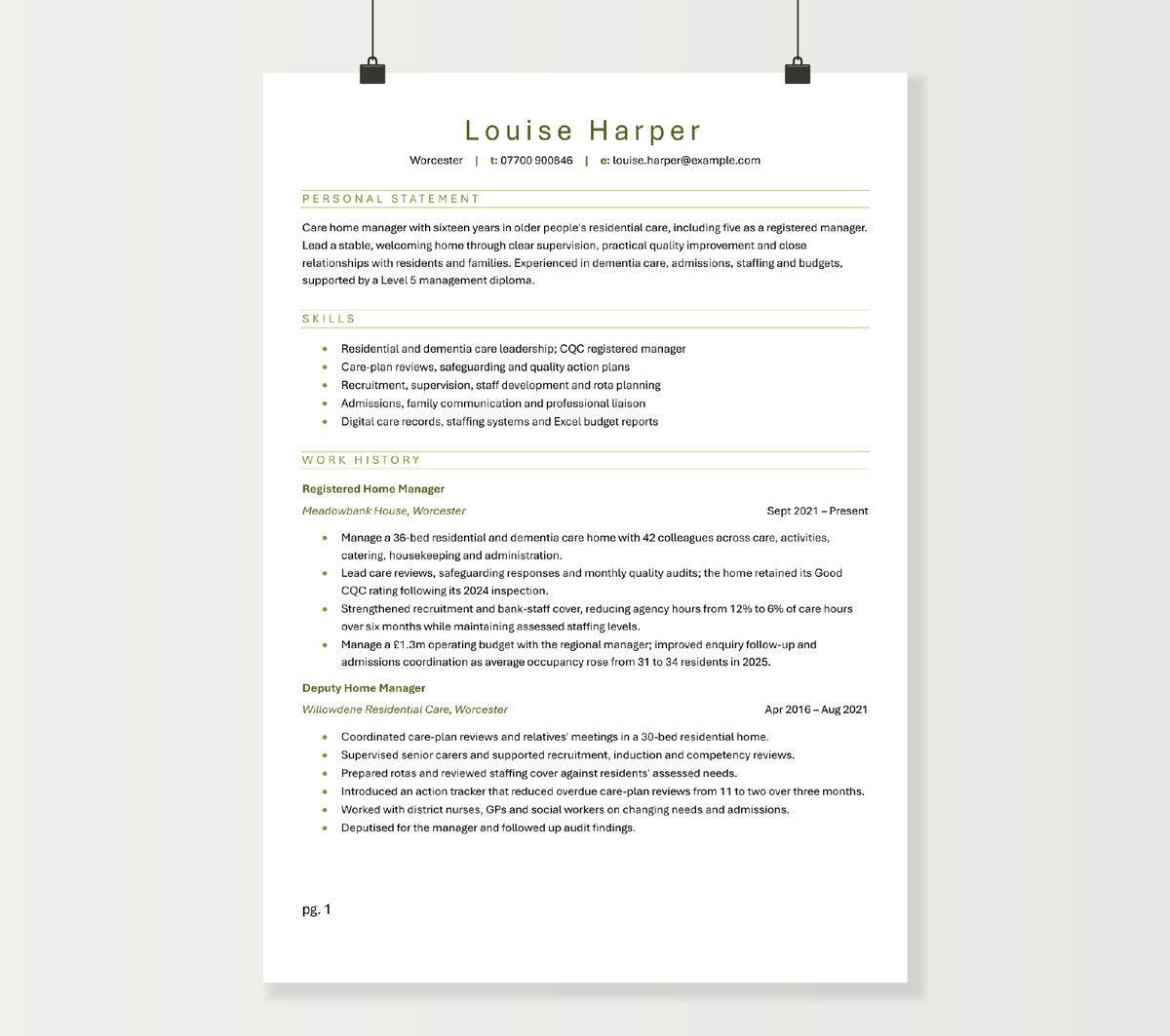 Care home manager CV preview showing Louise Harper’s leadership profile and residential care experience