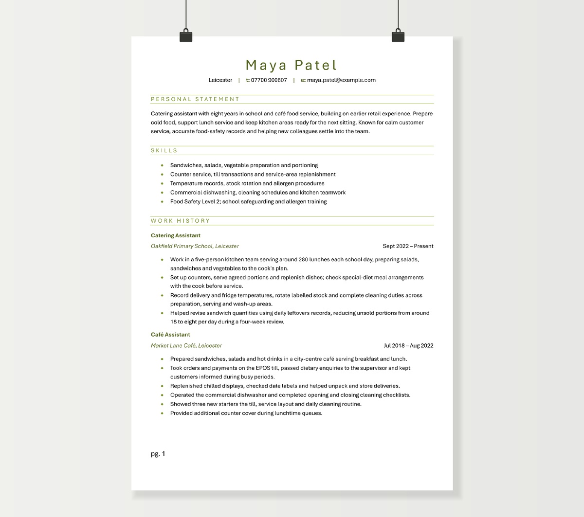 Preview of Maya Patel’s catering assistant CV showing school and café experience in the green-accent Word design