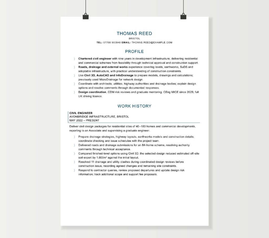 First page of Thomas Reed’s civil engineer CV, showing his profile and infrastructure design experience