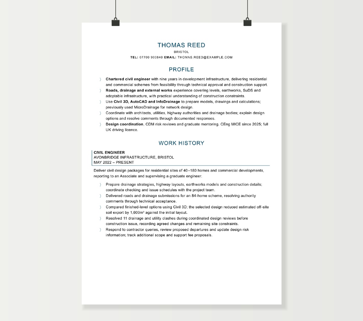 First page of Thomas Reed’s civil engineer CV, showing his profile and infrastructure design experience