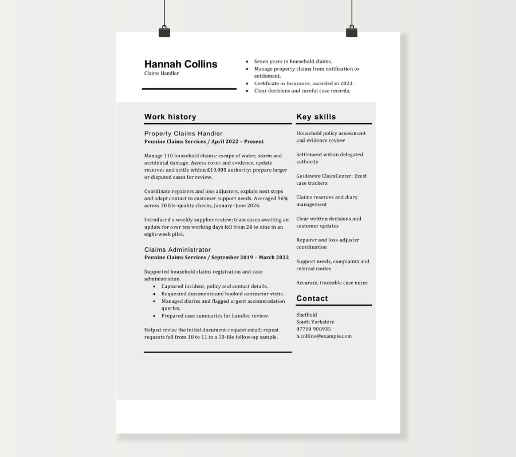Claims handler CV preview showing Hannah Collins’s property claims experience and skills in a grey two-column layout