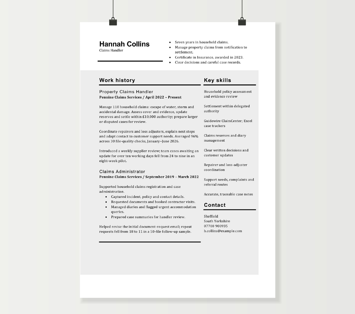 Claims handler CV preview showing Hannah Collins’s property claims experience and skills in a grey two-column layout