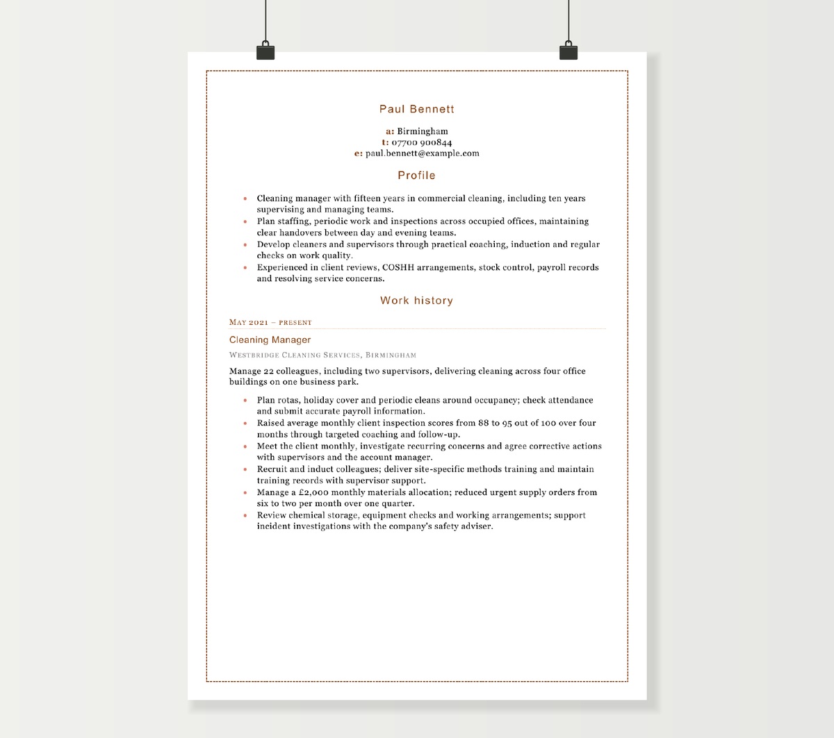 Cleaning manager CV preview showing Paul Bennett’s profile and cleaning-team management experience