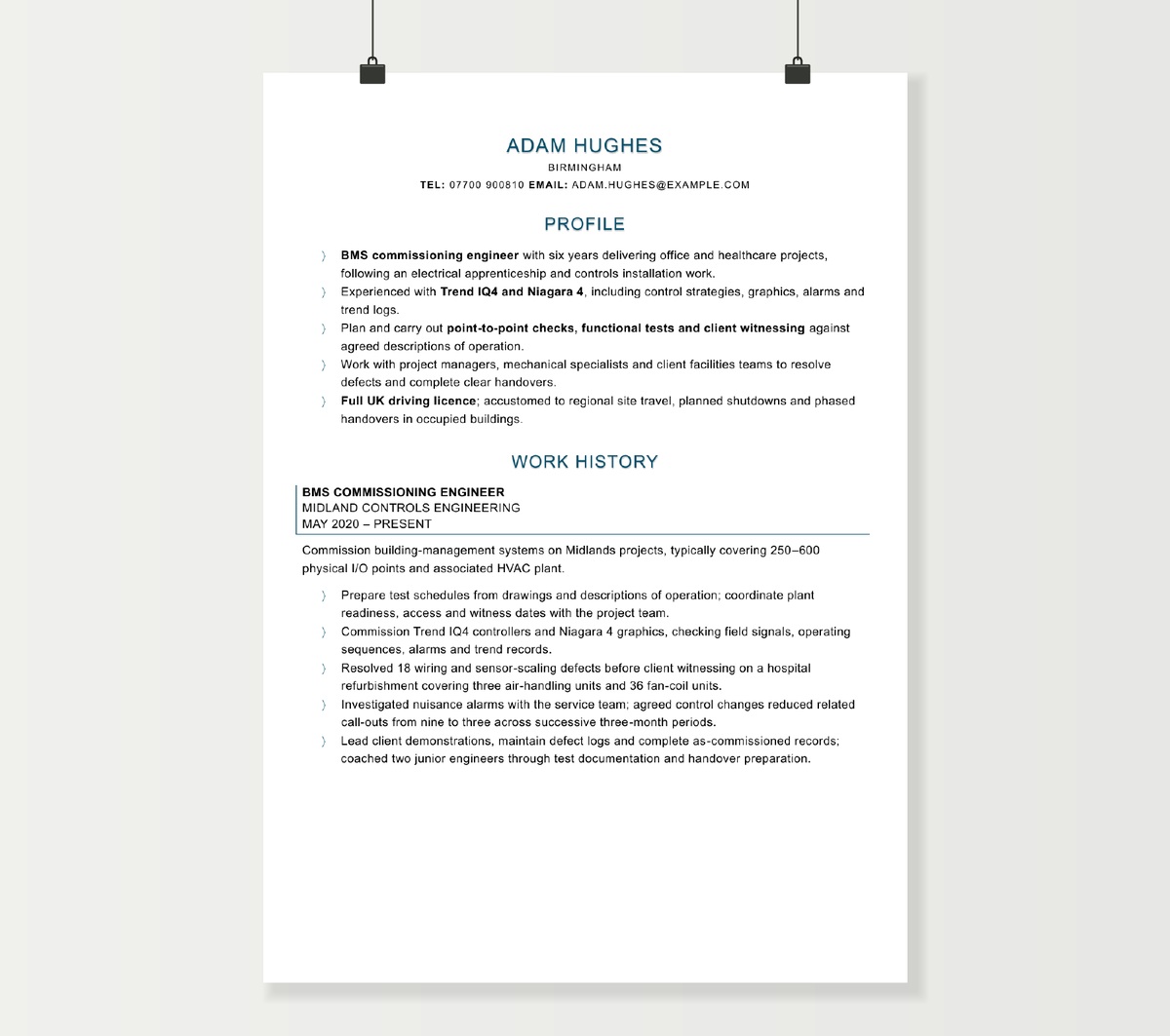 First page of Adam Hughes’s commissioning engineer CV, showing BMS systems, testing and client handover experience