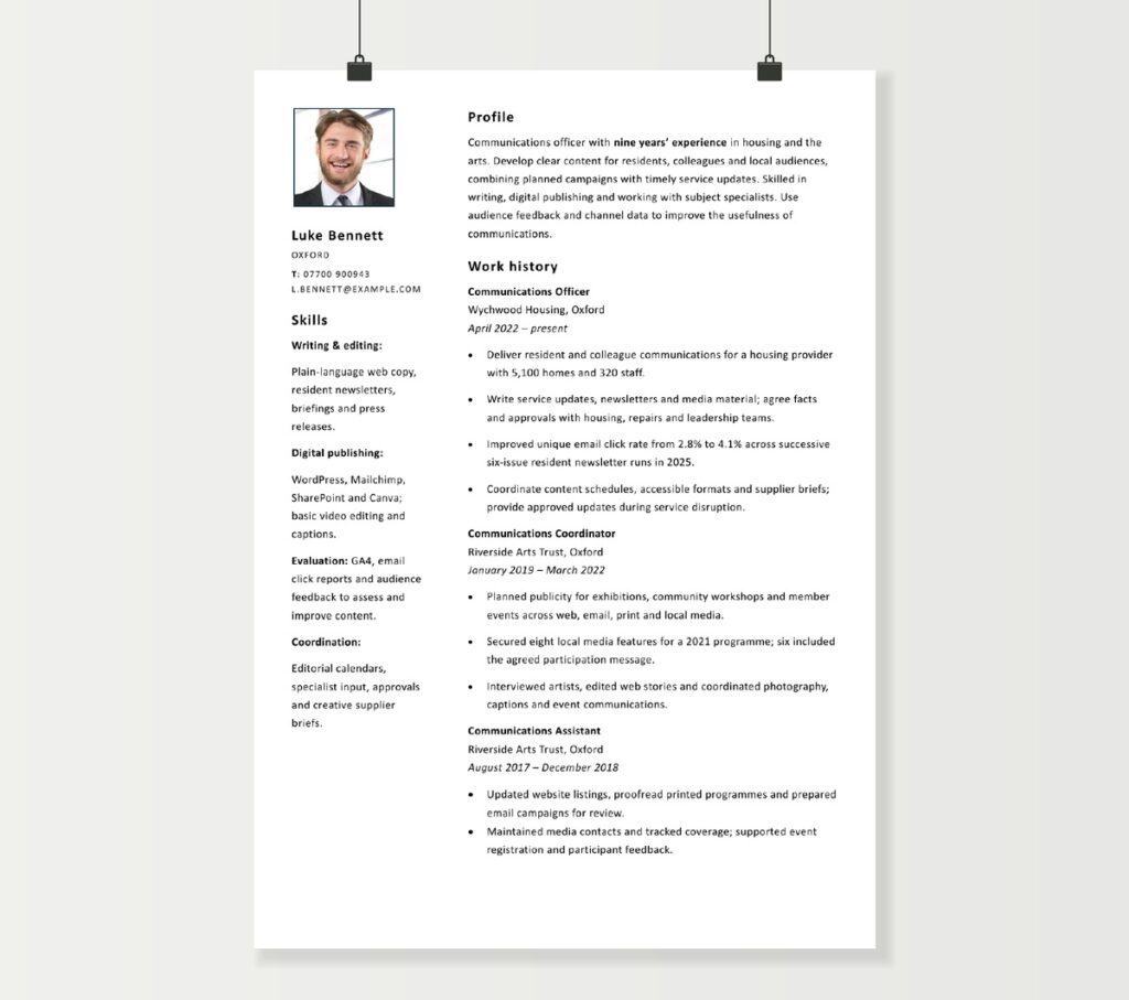 Luke Bennett’s communications officer CV in a two-column layout, showing writing skills and housing and arts experience