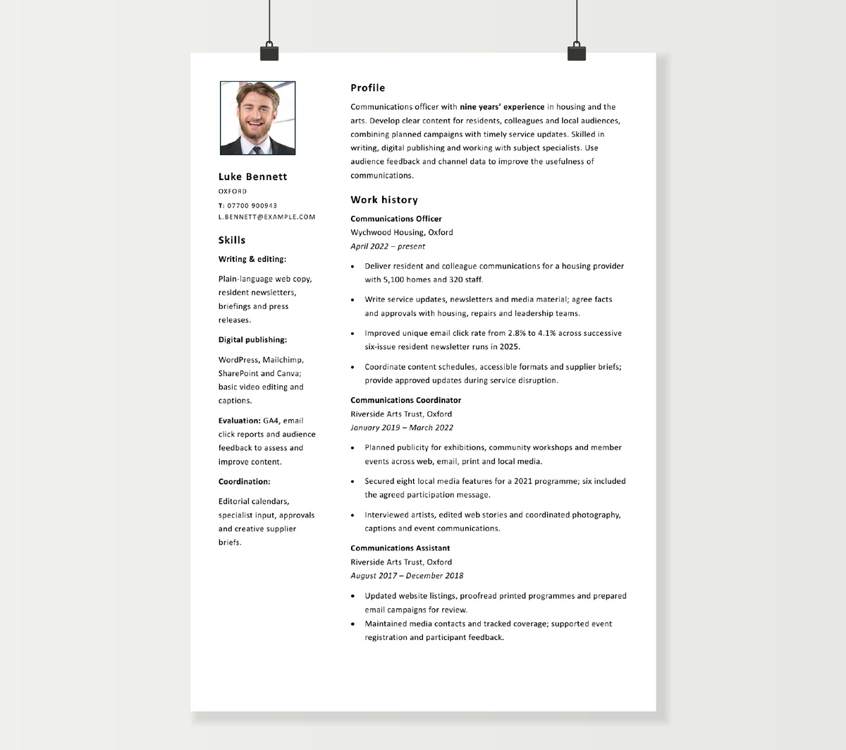 Luke Bennett’s communications officer CV in a two-column layout, showing writing skills and housing and arts experience