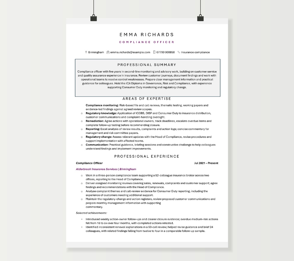Compliance officer CV preview showing Emma Richards’s profile and insurance compliance experience