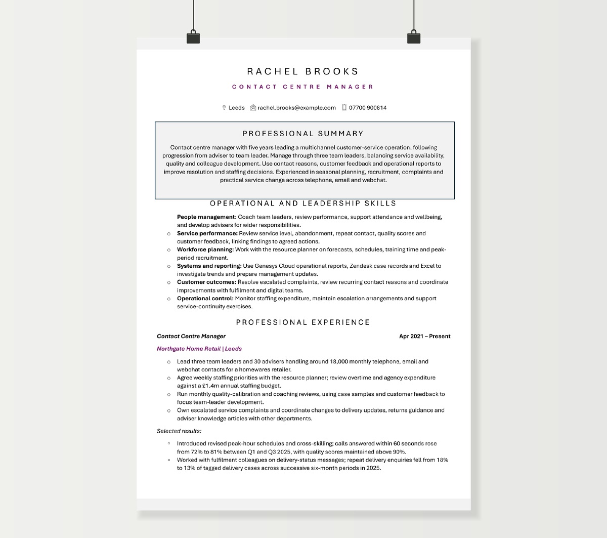 First page of Rachel Brooks’s contact centre manager CV, showing management skills and service-performance achievements.