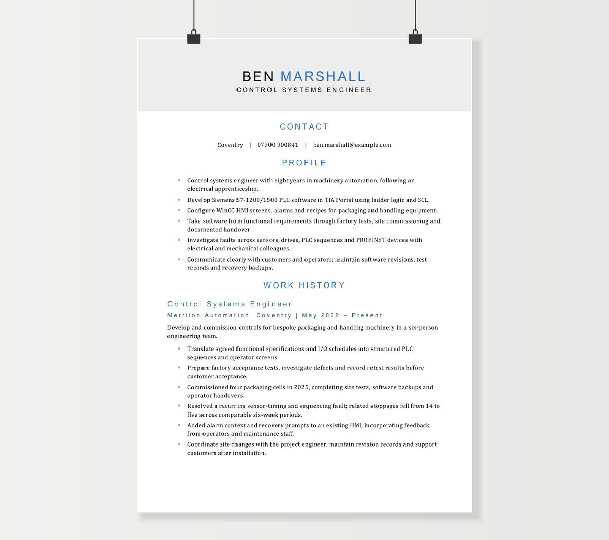 Control systems engineer CV preview showing Ben Marshall’s profile, PLC experience and engineering projects