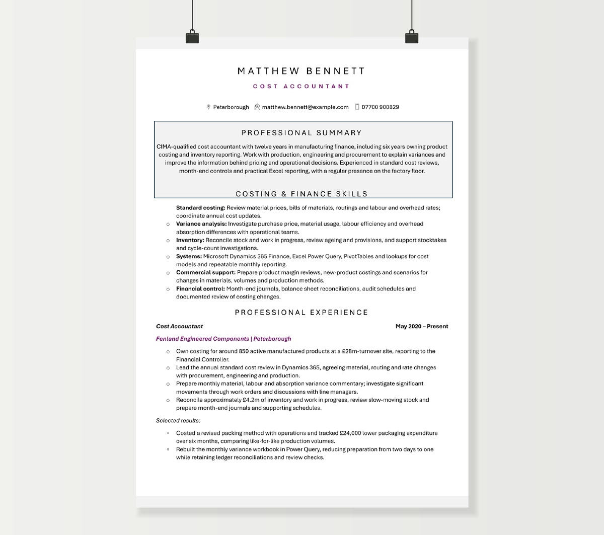Cost accountant CV preview showing Matthew Bennett’s manufacturing finance experience and costing skills