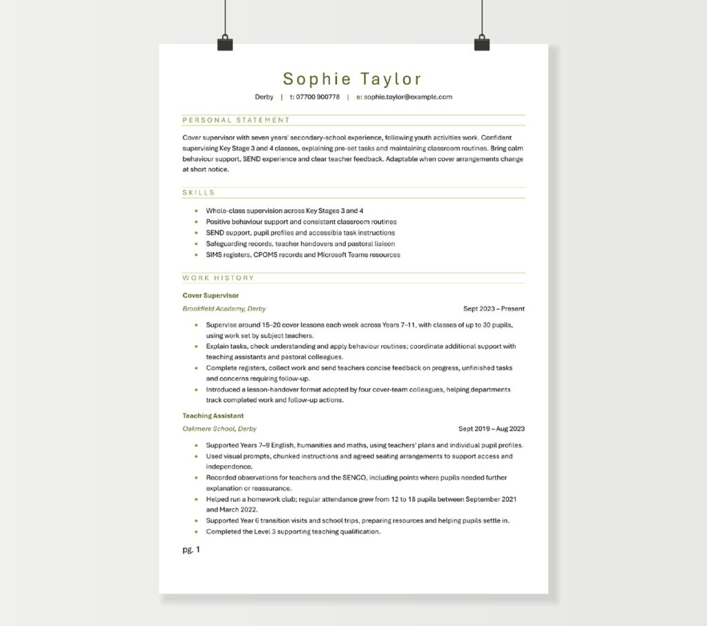 Cover supervisor CV preview showing Sophie Taylor’s classroom skills and school experience