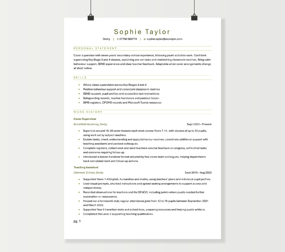 Cover supervisor CV preview showing Sophie Taylor’s classroom skills and school experience