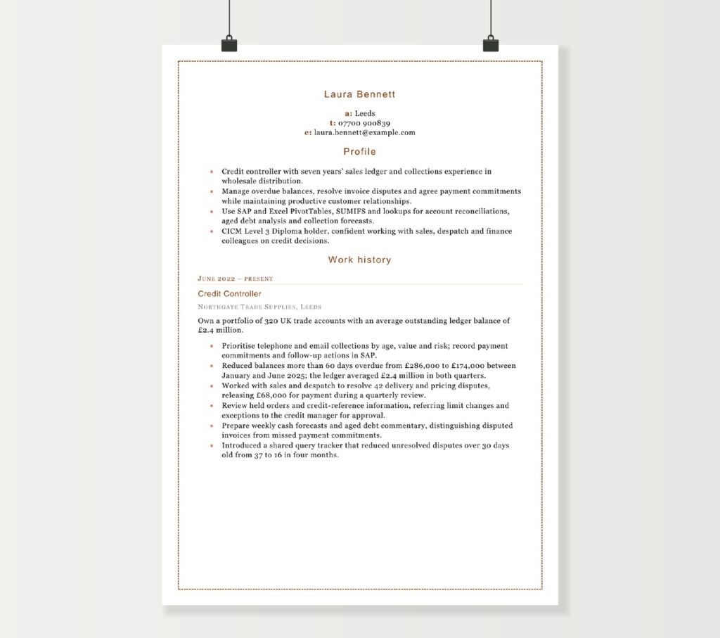 Credit controller CV preview showing Laura Bennett’s ledger experience and collection achievements