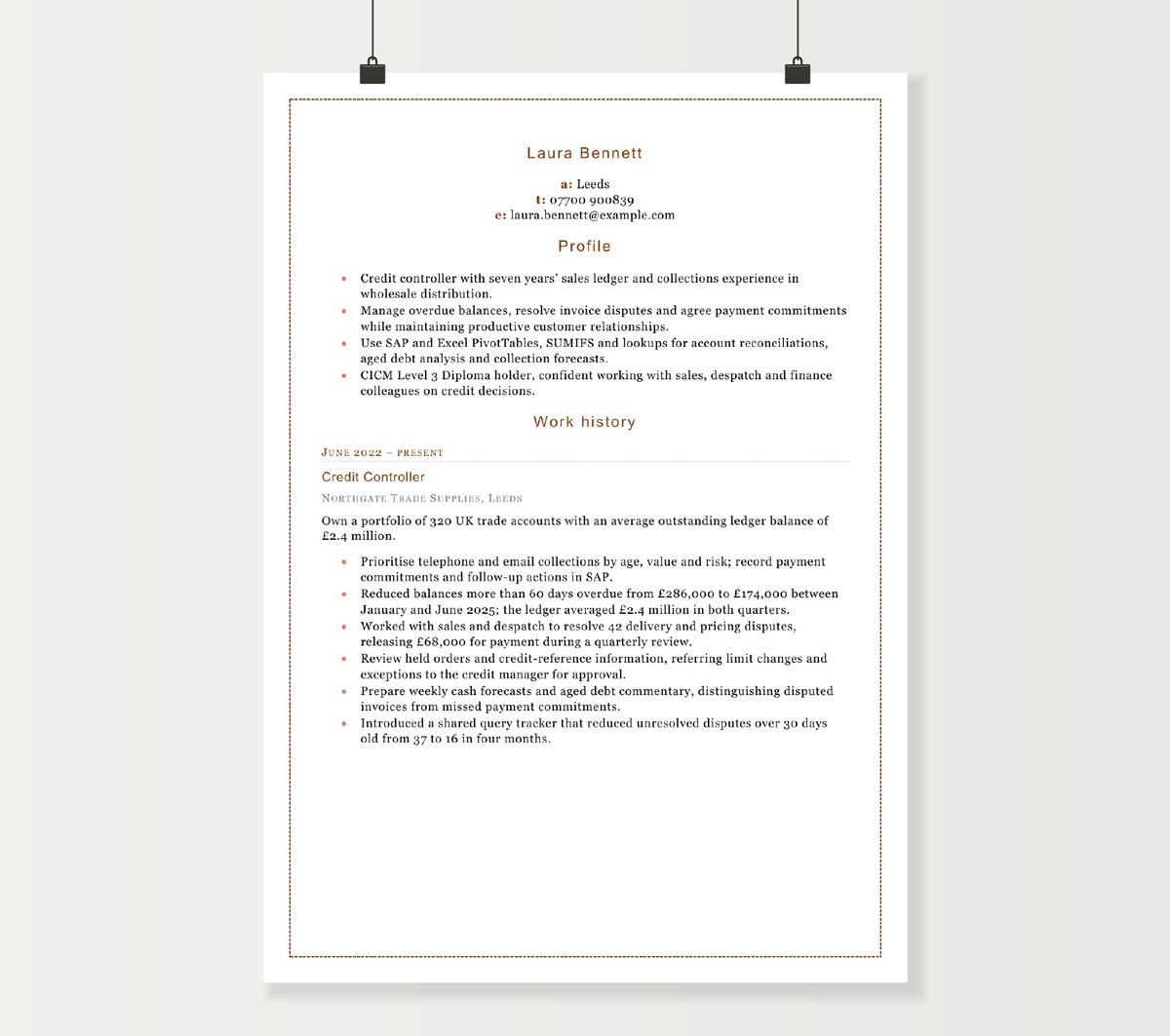 Credit controller CV preview showing Laura Bennett’s ledger experience and collection achievements