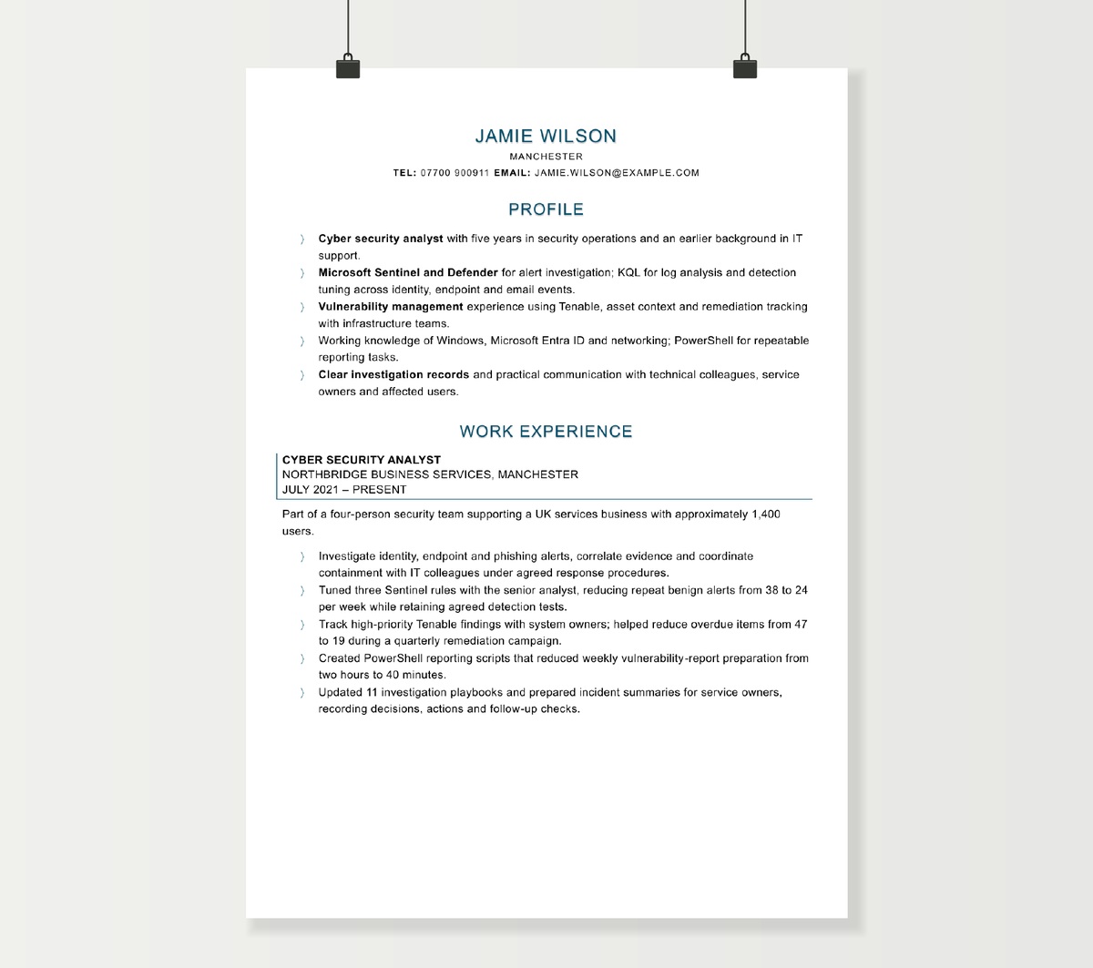 Cyber security analyst CV showing Jamie Wilson’s profile and security operations experience