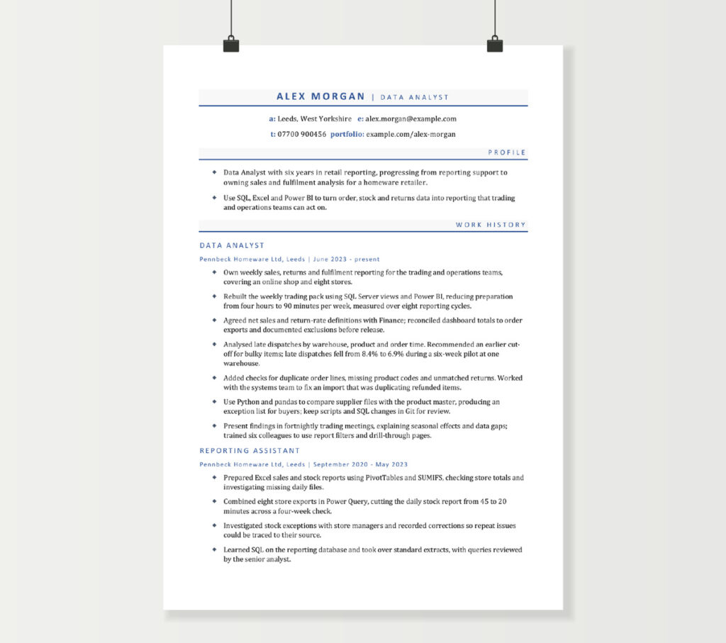 Data analyst CV template preview showing page one of the finished Word example