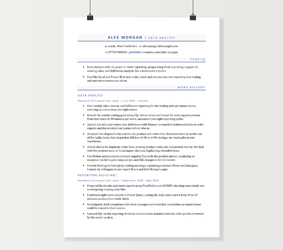 Data analyst CV template preview showing page one of the finished Word example