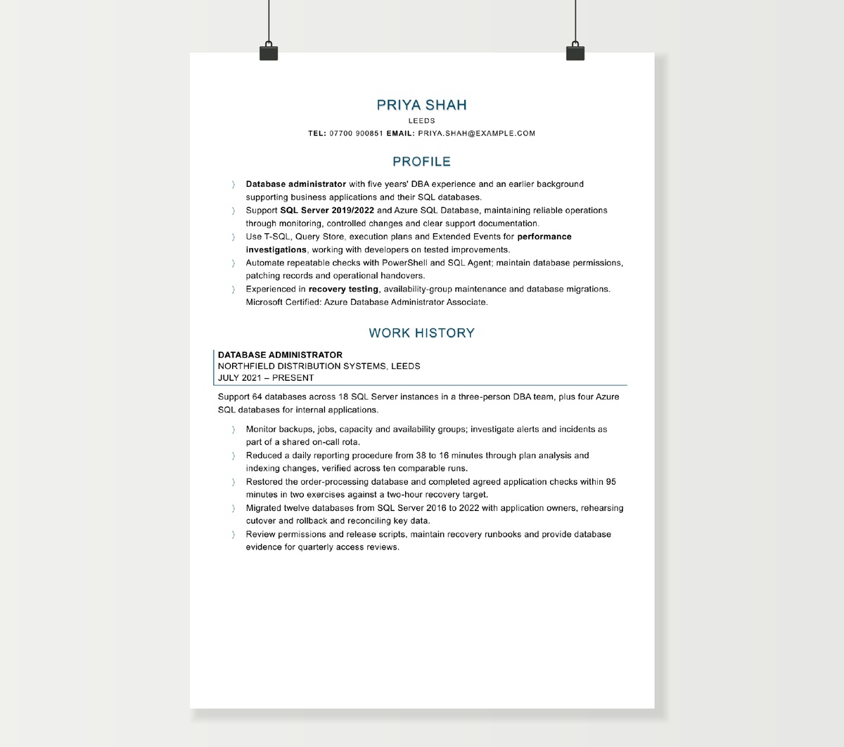 Database administrator CV preview showing Priya Shah’s profile and SQL Server administration experience