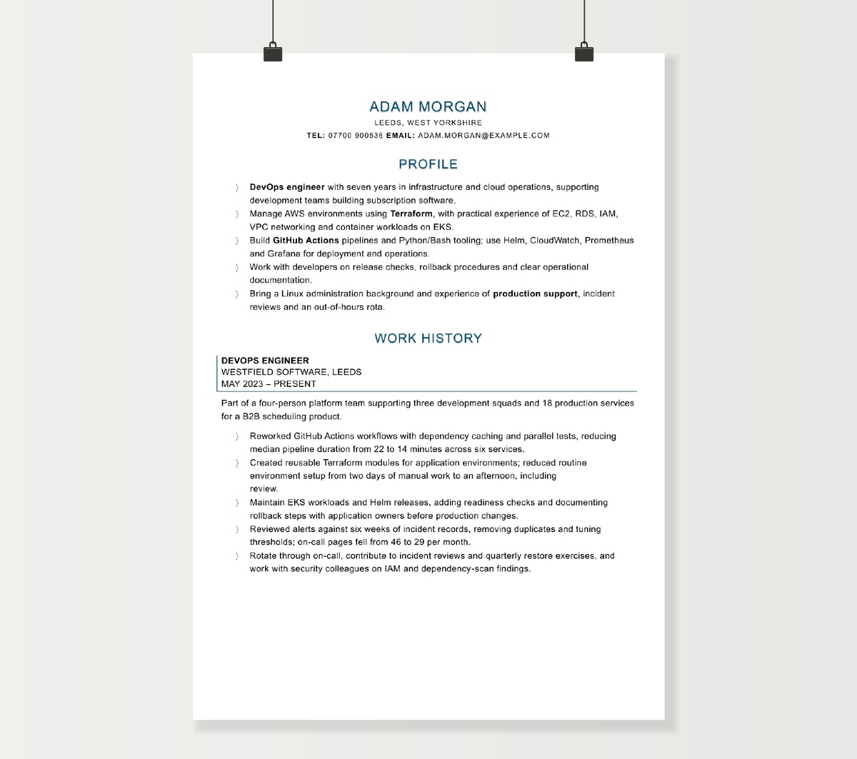 Page one of Adam Morgan’s DevOps engineer CV, with a blue heading design and cloud infrastructure experience