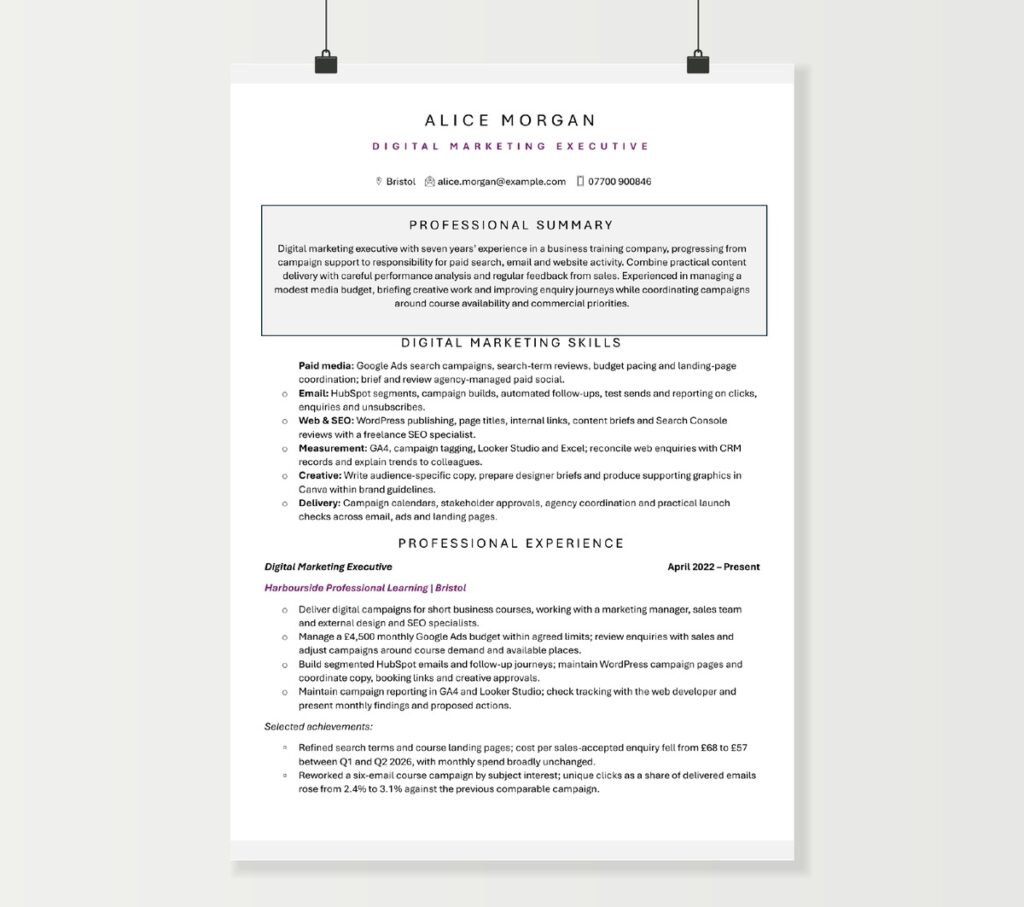 Two-page digital marketing executive CV showing Alice Morgan’s campaign experience, channel skills and qualifications