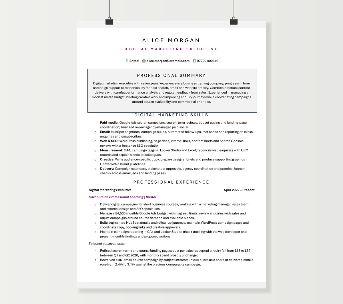 Two-page digital marketing executive CV showing Alice Morgan’s campaign experience, channel skills and qualifications