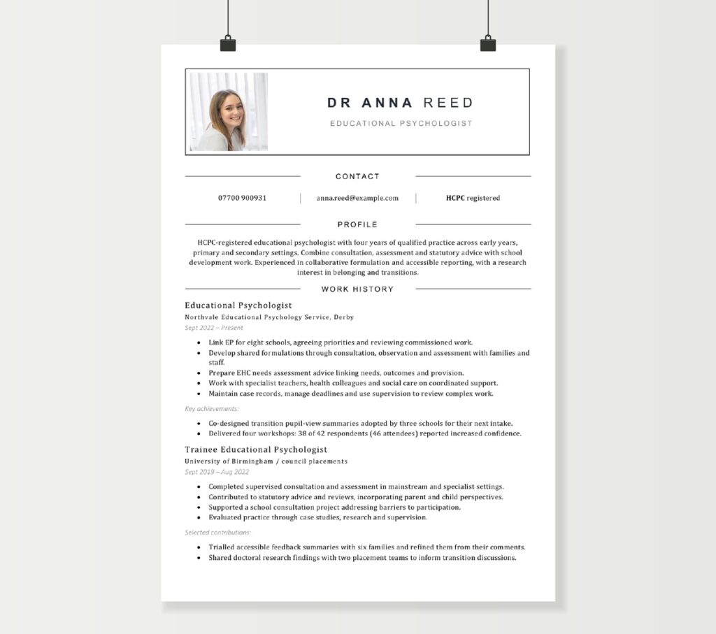 Educational psychologist CV example showing Anna Reed’s consultation, assessment and school-service experience