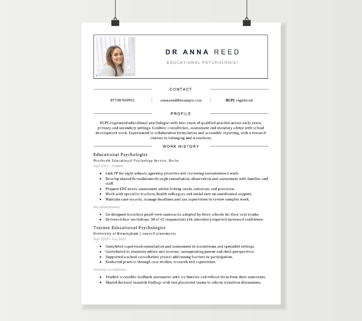 Educational psychologist CV example showing Anna Reed’s consultation, assessment and school-service experience