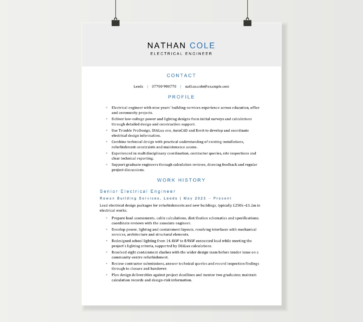 First page of Nathan Cole’s electrical engineer CV, with a grey name banner and blue headings